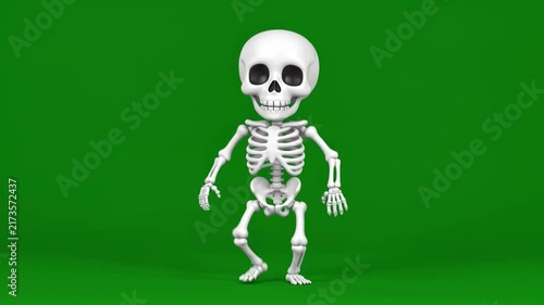 Cute 3D Cartoon Skeleton Dancing on Green Screen Background.