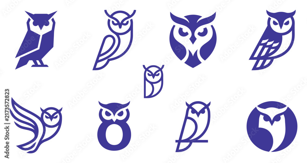 Fototapeta premium Collection of various owl logo designs and animal icons in a simple purple minimalist graphic style