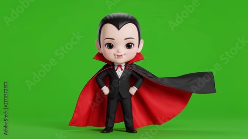 Cute chibi vampire character with blowing cape on green screen background.