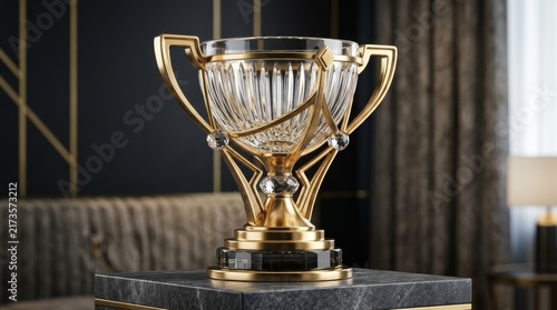 Golden Trophy on Display: An exquisite golden trophy, crafted with intricate details of crystal and metal, rests on a pedestal in a dimly lit, luxurious setting, symbolizing achievement and prestige.
