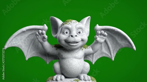 Cute stone gargoyle character animating wings and expressions on green screen background.