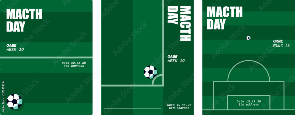 Fototapeta premium Green soccer football tournament poster template set featuring pitch grid layouts for matchday announcement