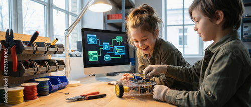 Kids Building an Educational Robot Kit in a Bright Makerspace