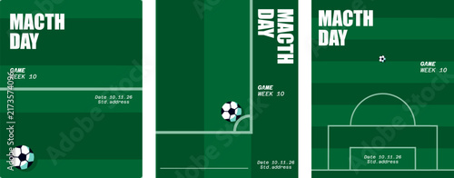 Green soccer football tournament poster template set featuring pitch grid layouts for matchday announcement