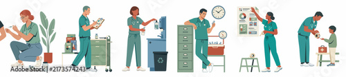 Flat illustration set showing diverse medical professionals in various hospital settings, performing tasks like vaccination, charting, handwashing, and patient care.