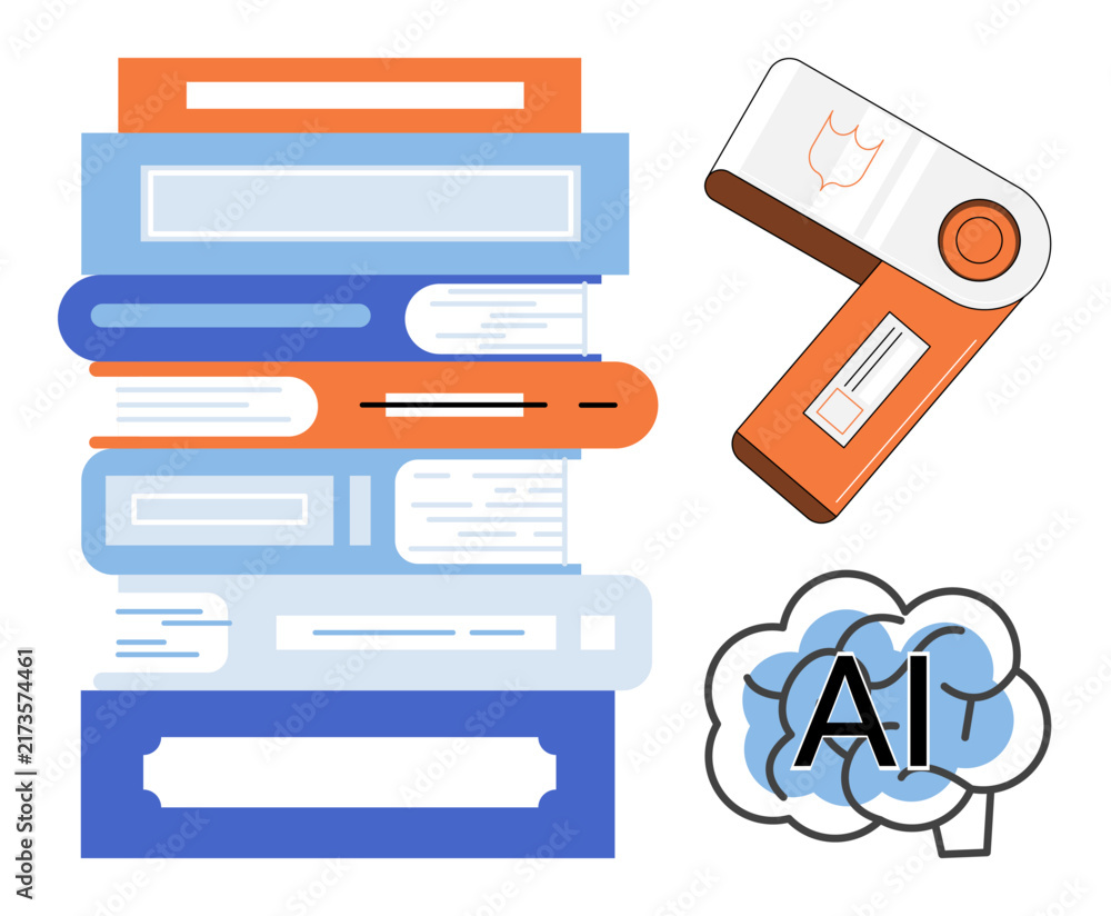 Fototapeta premium Stack of books with a brain icon and digital device vector illustration. Education, machine learning, knowledge, research, technology, data analysis. Pile of literature and smart tech