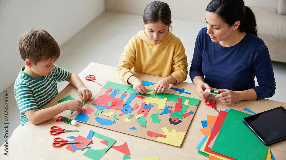 Obraz premium Teacher Helping Children Create a Bright Paper Collage at a Wooden Table
