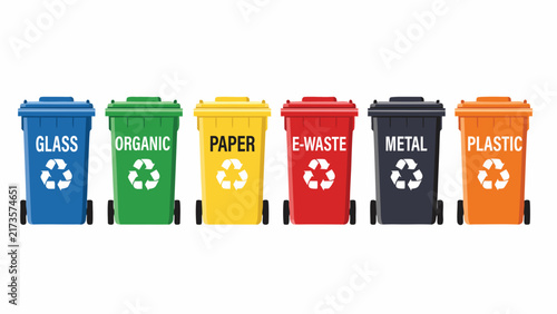 Set of Colorful Waste Sorting Bins with Labels for Efficient Recycling Management and Waste Segregation Systems
