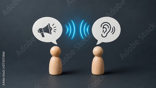 Effective digital communication and clear audio transmission concept featuring wooden figures with megaphone and ear icons connected by glowing sound waves