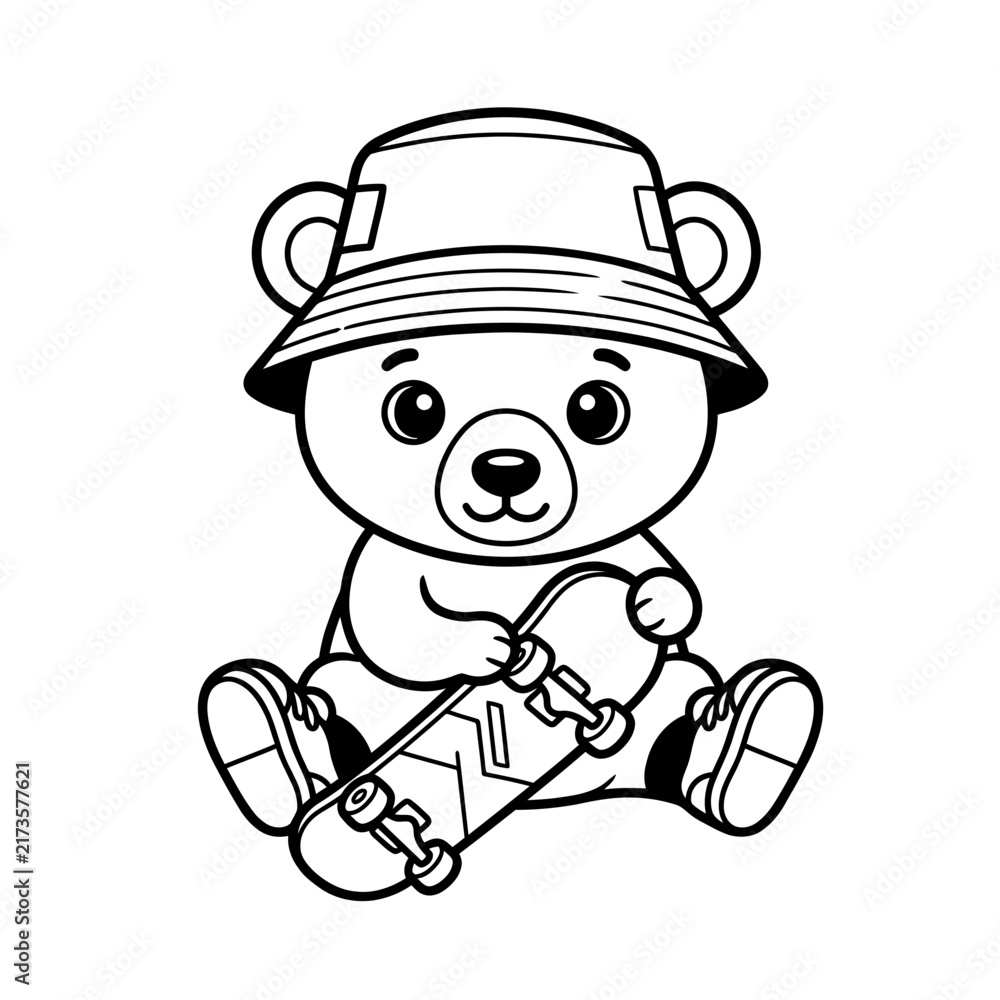 Fototapeta premium Cute Teddy Bear Wearing Hat and Holding Skateboard.
