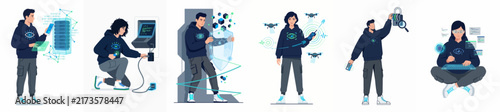 Set of diverse vector illustrations featuring tech specialists and hackers engaging in cybersecurity, coding, server management, and drone operation in a digital landscape.
