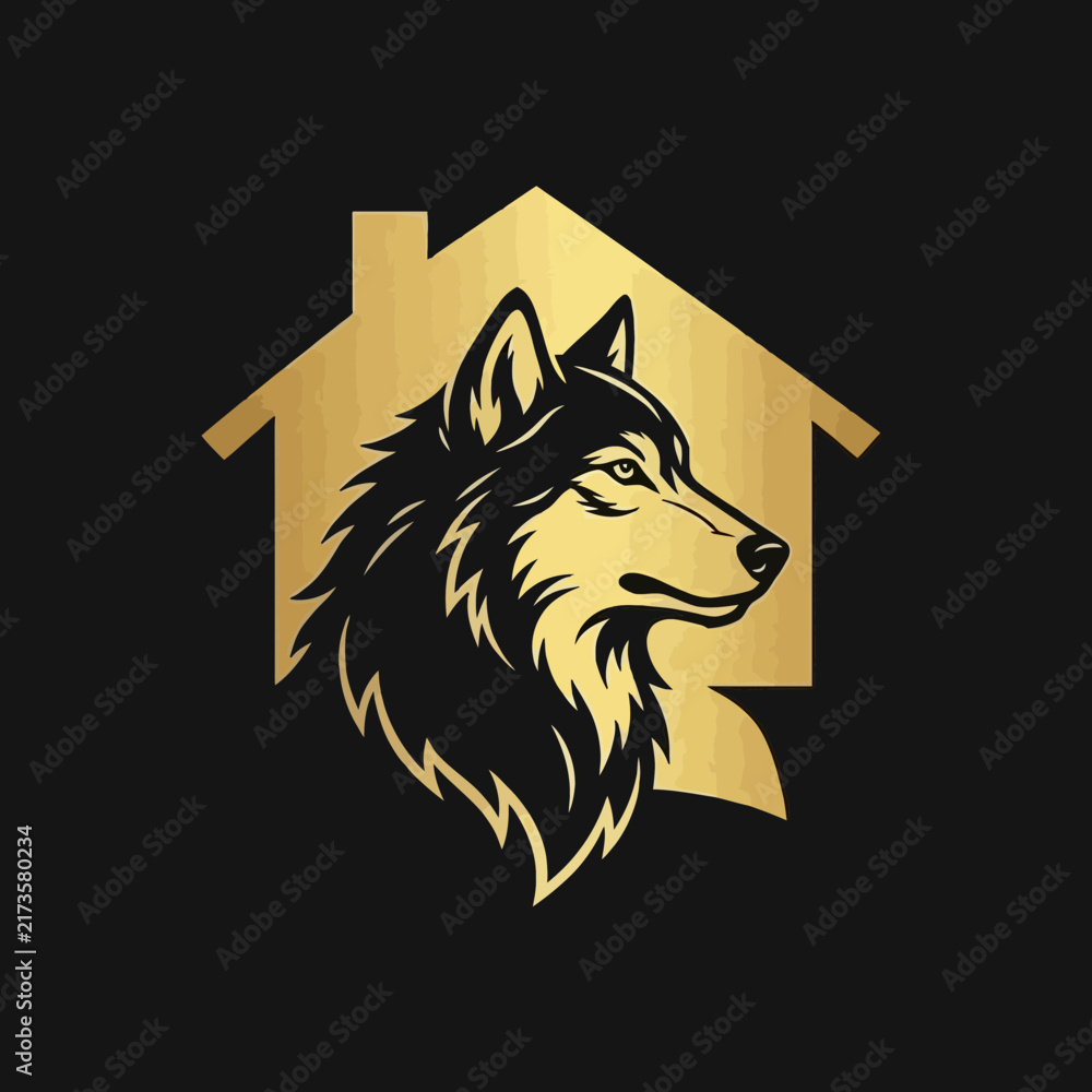 Obraz premium Golden Wolf Head Silhouette Inside House Outline Logo Design.