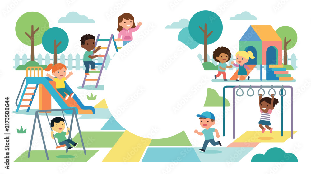 Fototapeta premium Happy diverse children play together at a colorful outdoor playground featuring slides, swings, and a playhouse.