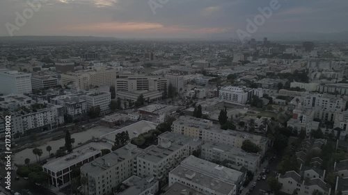 The Westlake neighborhood of downtown Los Angeles is shown in a real time flyover view late on a cloudy day.