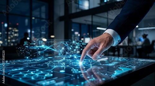 Businessman using futuristic interactive touch screen table with data analytics and networking graphics in modern office at night