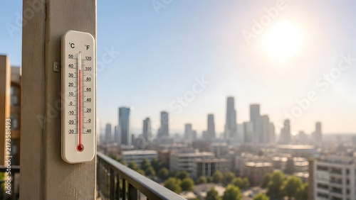 Outdoor Thermometer Showing Extreme High Temperature During Intense Summer Heatwave in Modern City