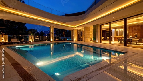 Luxury Modern Villa Exterior with Illuminated Swimming Pool at Twilight.