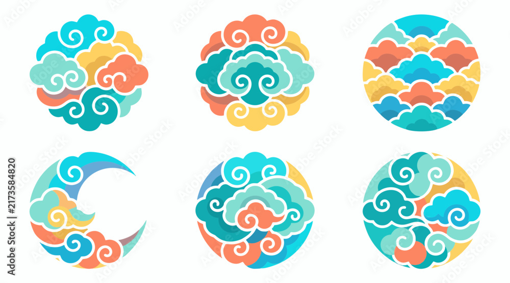 Fototapeta premium Colorful asian clouds arranged in circular vector graphic icons for decorative traditional eastern design project elements