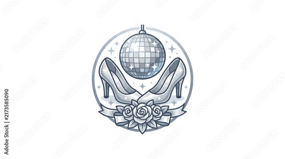 Obraz premium Disco ball hanging above elegant high heels framed by blooming roses and a festive ribbon banner design.
