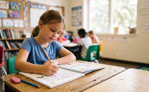 Focused 8 year old Caucasian girl writing in her notebook at desk in bright elementary school classroom