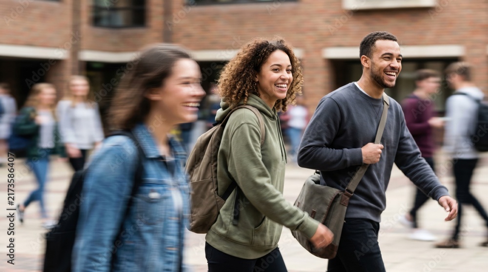 Fototapeta premium Happy multiethnic university students walking together on campus, representing college life, friendship, and education