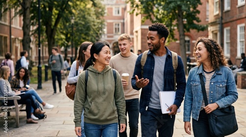 Diverse group of happy university students walking together on campus, laughing and talking between classes, representing friendship and modern education