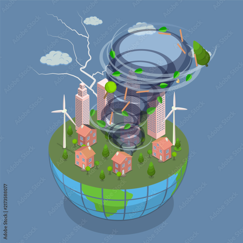Naklejka premium 3D Isometric Flat Vector Illustration of Tornado, Destruction By Twisting Tornado In Countryside Natural Disaster