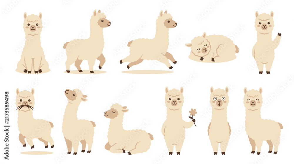 Fototapeta premium Cute Llama and Alpaca Vector Character Set, Kawaii Beige Animal Cartoon Illustrations in Different Poses, Isolated on White Background for Children's Nursery Decor and Sticker Graphic Design