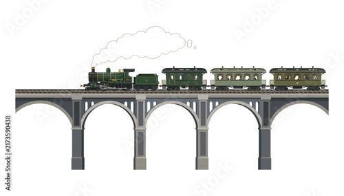 Картината върху платно Vintage steam train locomotive with passenger wagons crossing an arched stone ra