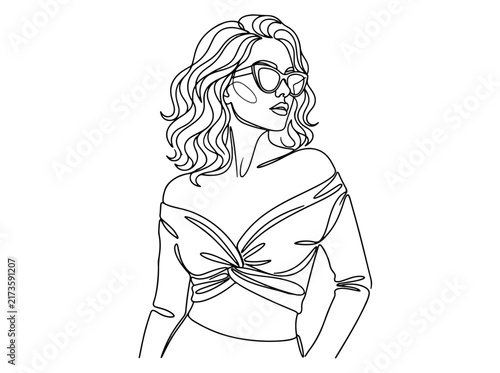 Fashionable woman with curly hair and sunglasses illustration