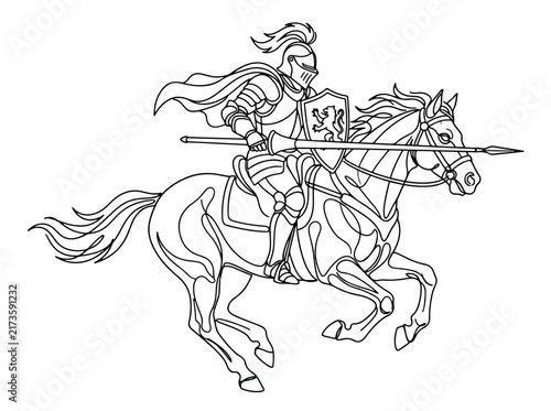 Medieval knight on horseback with lance and shield