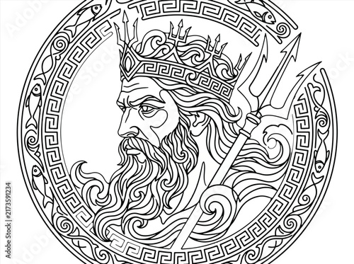 Greek god Poseidon with trident and crown illustration