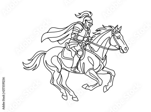 Medieval knight riding horse in armor illustration