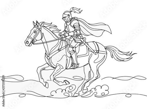 Medieval knight riding horse in battle armor drawing