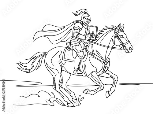 Medieval knight riding horse into battle drawing