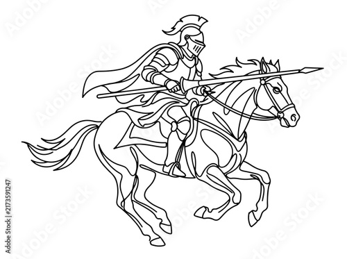 Medieval knight riding horse with lance illustration