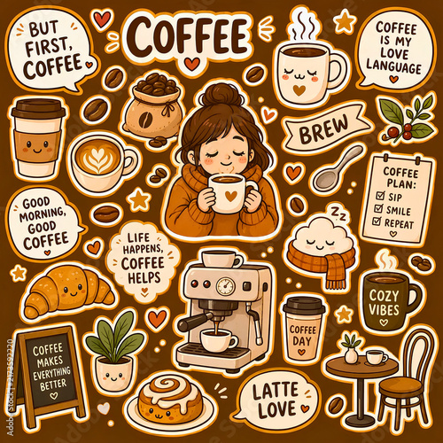 Cozy Coffee Lover Sticker Collection with Cute Cafe Doodles