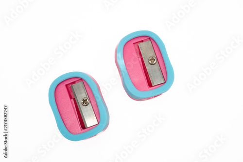 Cuadro en lienzo Pair of colorful pencil sharpeners isolated on white