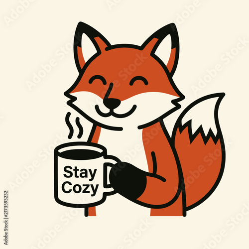 Картината върху платно Smiling cartoon fox with coffee mug.