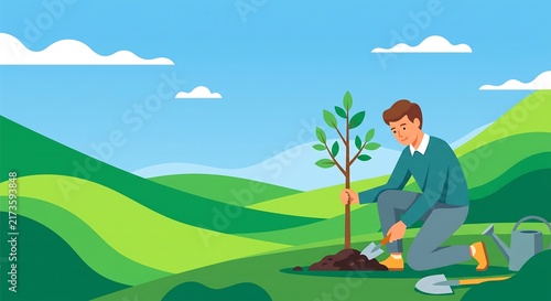 Man planting tree sapling in green hills. Reforestation and environmental care concept. Ecology protection for earth day celebration. Flat vector illustration