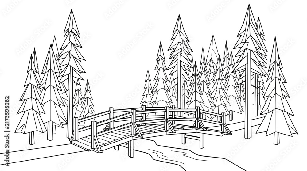 Obraz premium Low Poly Forest Landscape with Wooden Bridge Coloring Page