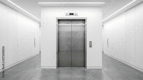 Modern Stainless Steel Elevator Doors in Minimalist White Office Building Lobby Hallway, Clean Architecture Interior Photography for Corporate Business and Real Estate Design