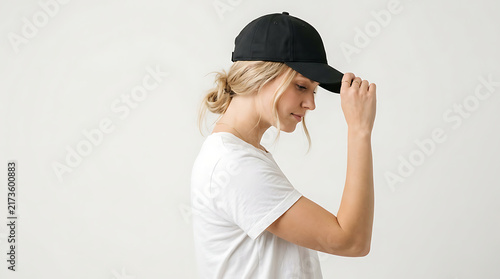 Side View of a Beautiful Blonde Woman Wearing a Blank Black Baseball Cap and White T-Shirt Mockup, Female Fashion Apparel Template Isolated on White Background for Branding Design and Merchandising.