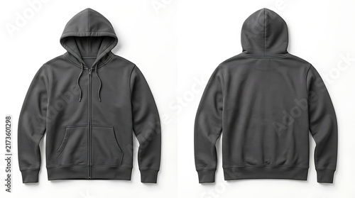 Premium charcoal dark grey zip-up hoodie mockup set, front and back views of blank hooded sweatshirt with zipper isolated on white background for apparel branding and streetwear design.