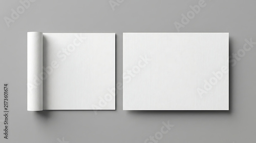 Minimalist blank white paper mockup with rolled edge on gray background for portfolio display and branding presentation, 3D render of horizontal stationery sheets for design showcase