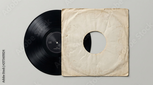 Vintage Black Vinyl Record with Aged Grungy Paper Sleeve Mockup Isolated on Grey Background, Retro 45 RPM Gramophone Disc for Music Album Cover Design and Nostalgic Branding