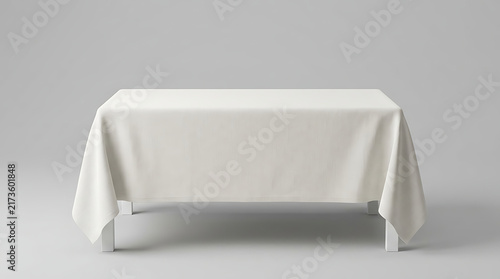 White Tablecloth on Rectangular Table Mockup, Minimalist Studio Background for Product Display, Clean Fabric Texture, Empty Banquet Furniture for Wedding and Exhibition Design