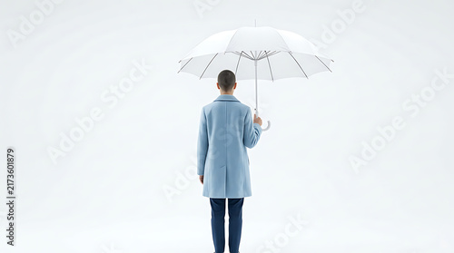 Minimalist Back View of a Person Wearing a Light Blue Fashion Coat Holding a White Umbrella Isolated on a Pure White Background, Conceptual Image for Protection, Insurance, and Modern Style