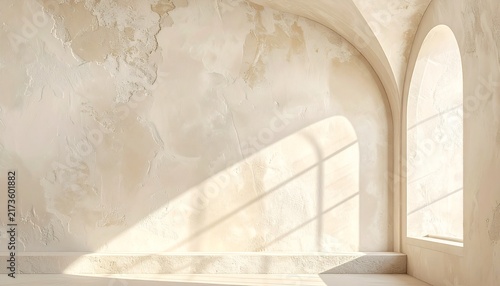 Arched window shadow on beige textured plaster wall for minimalist background and design mockup template