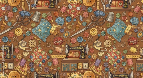 Vintage sewing machine pattern with various buttons and threads, needlework
